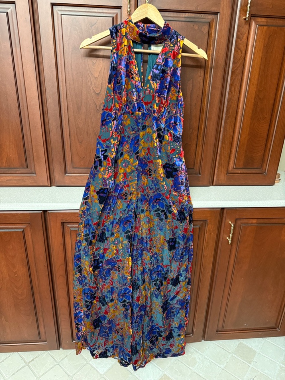 Maeve Multicolor Floral Velvet Jumpsuit with Blue, Purple, Gold Accents - Picture 1 of 4